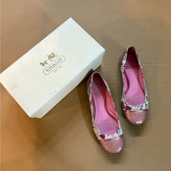 Coach Pink and White Flats with Heart Design - Picture 1 of 2